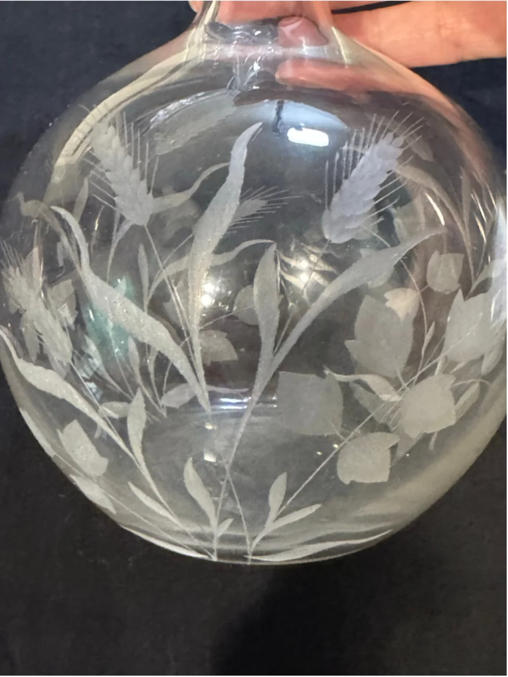 Vintage Unbranded Clear Glass Bud Vase with Etched Floral Wheat Leaf Design
